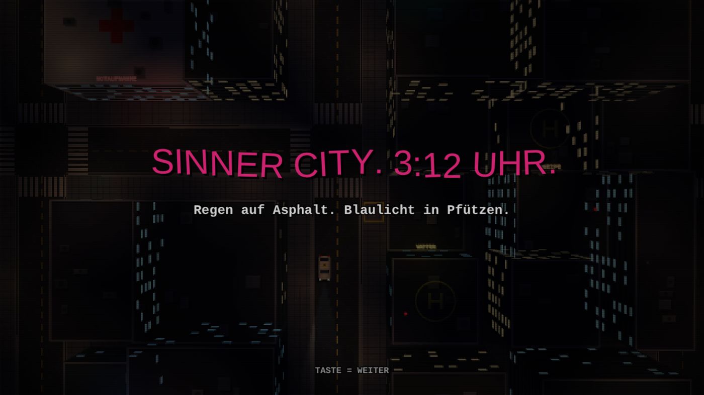 „Sinner City. 3:12 Uhr.“ – Intro über der verregneten Stadt