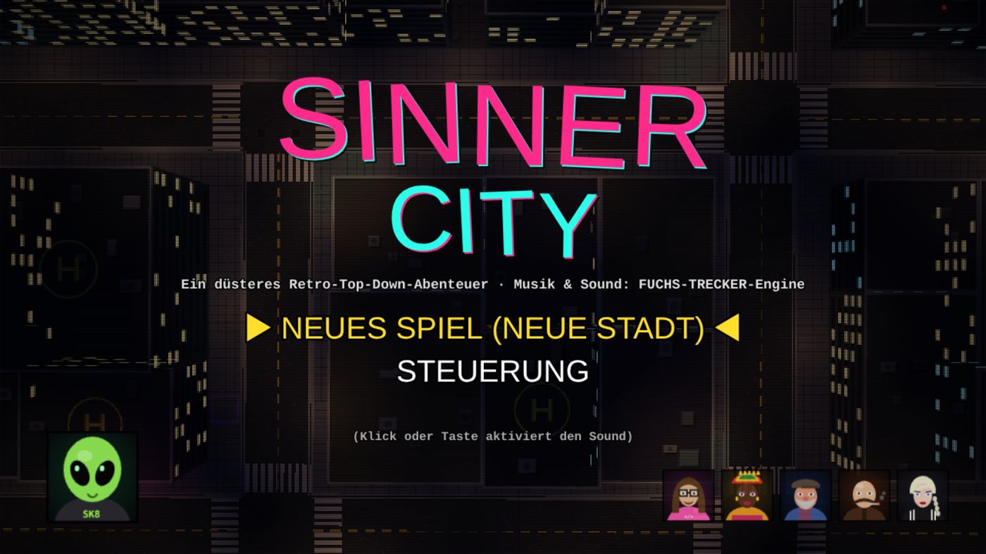 Titelbild von Sinner City in Neonpink und Türkis über nächtlichen Dächern